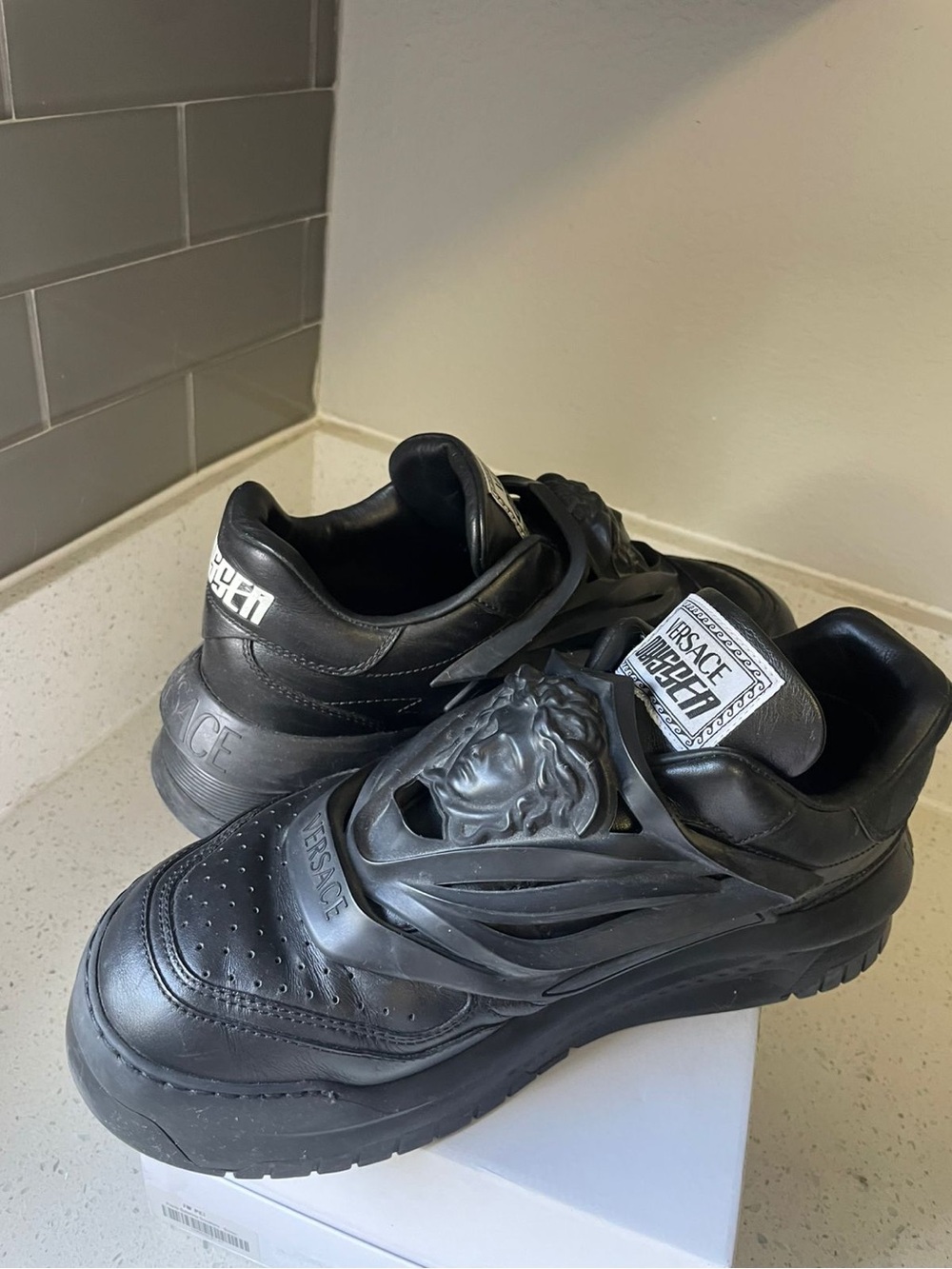 Versace Black Leather Medusa Relief Men's Sneakers
